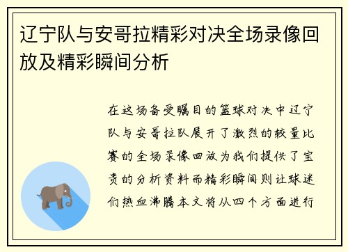 辽宁队与安哥拉精彩对决全场录像回放及精彩瞬间分析